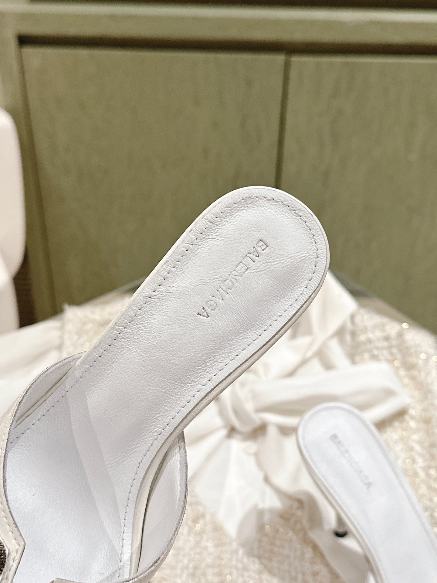 Balanciaga CAGOLE POINTED HIGH MULES IN WHITE SHINY CALFSKIN