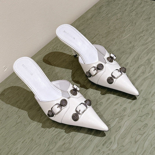 Balanciaga CAGOLE POINTED HIGH MULES IN WHITE SHINY CALFSKIN