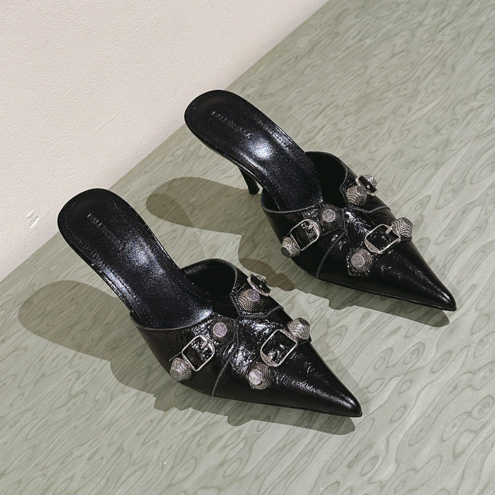 Balanciaga CAGOLE POINTED HIGH MULES IN BLACK SHINY CALFSKIN