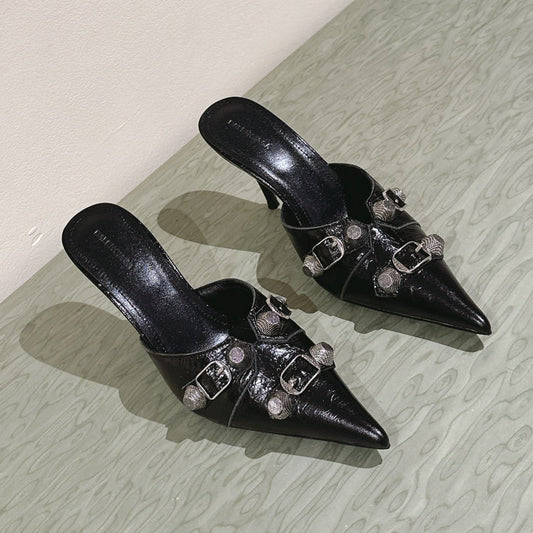 Balanciaga CAGOLE POINTED HIGH MULES IN BLACK SHINY CALFSKIN