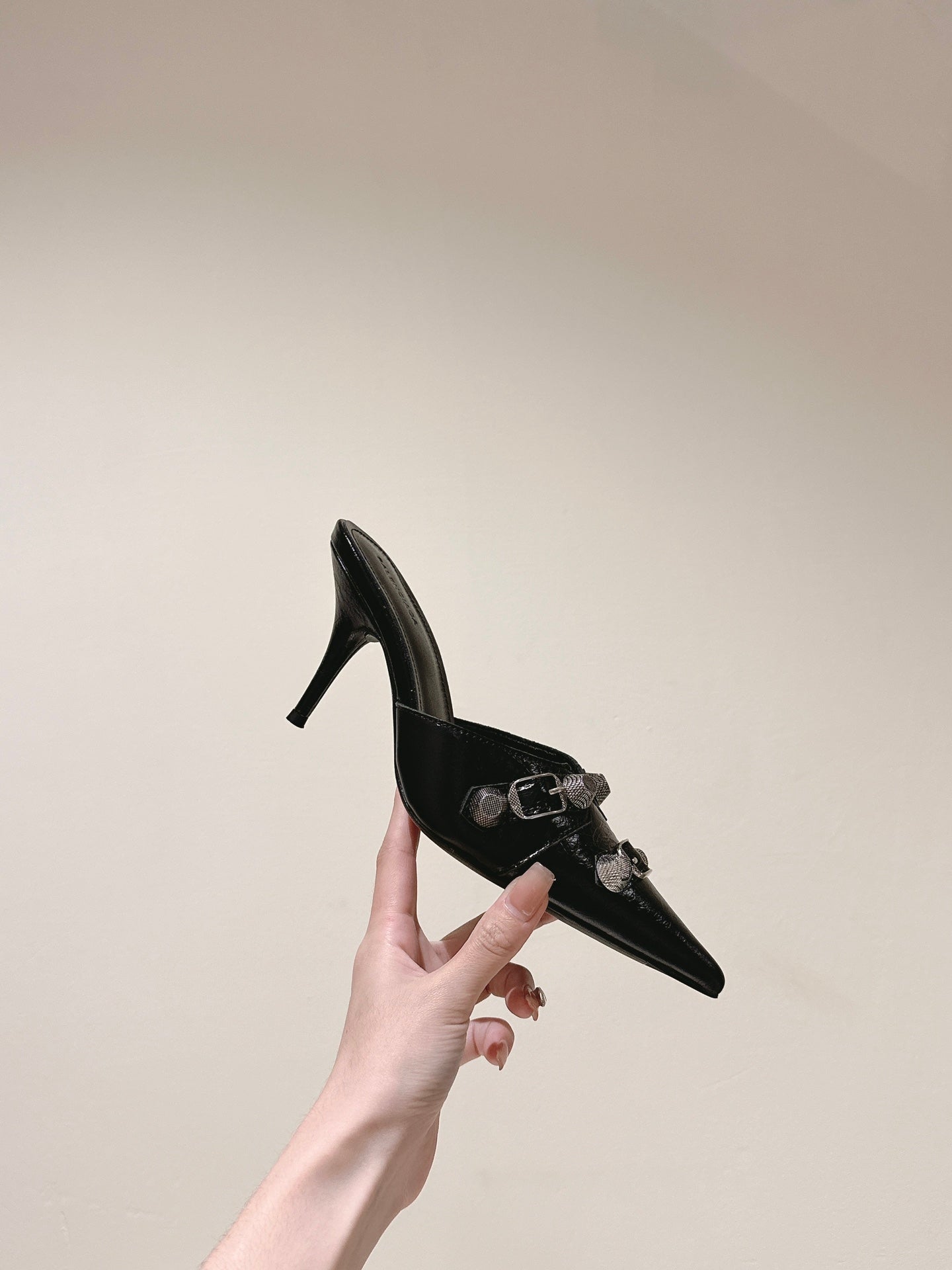 Balanciaga CAGOLE POINTED HIGH MULES IN BLACK SHINY CALFSKIN