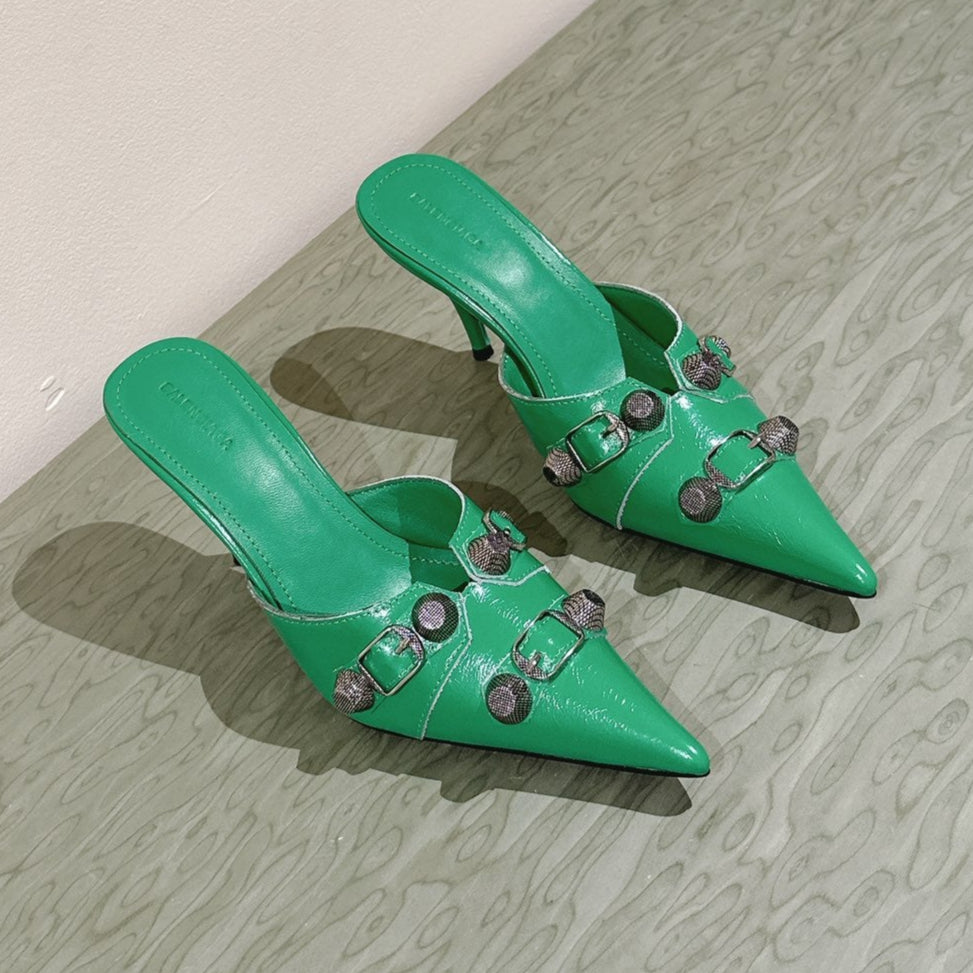 Balanciaga CAGOLE POINTED HIGH MULES IN GREEN SHINY CALFSKIN