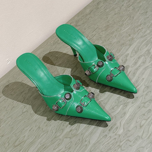 Balanciaga CAGOLE POINTED HIGH MULES IN GREEN SHINY CALFSKIN