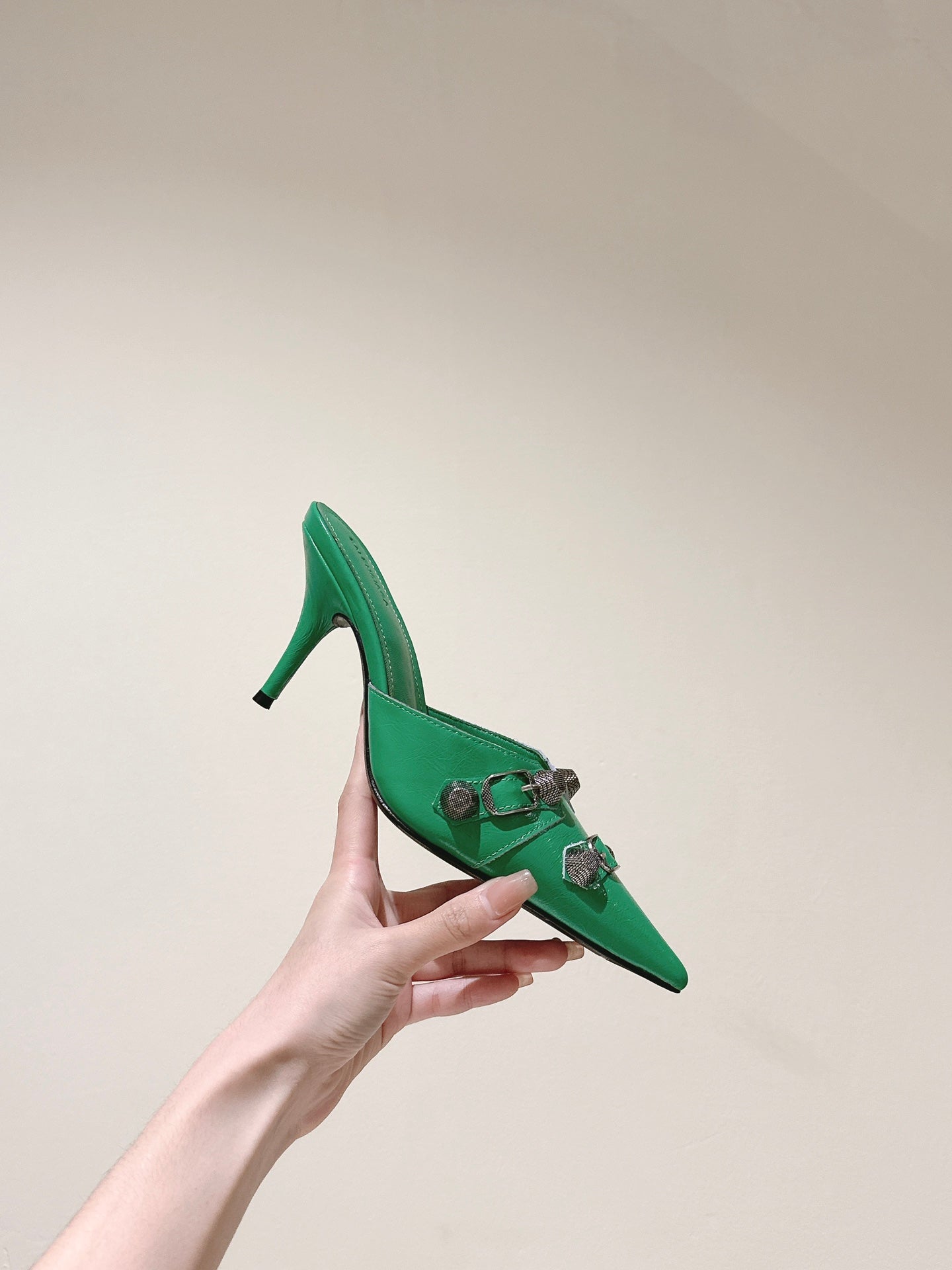 Balanciaga CAGOLE POINTED HIGH MULES IN GREEN SHINY CALFSKIN