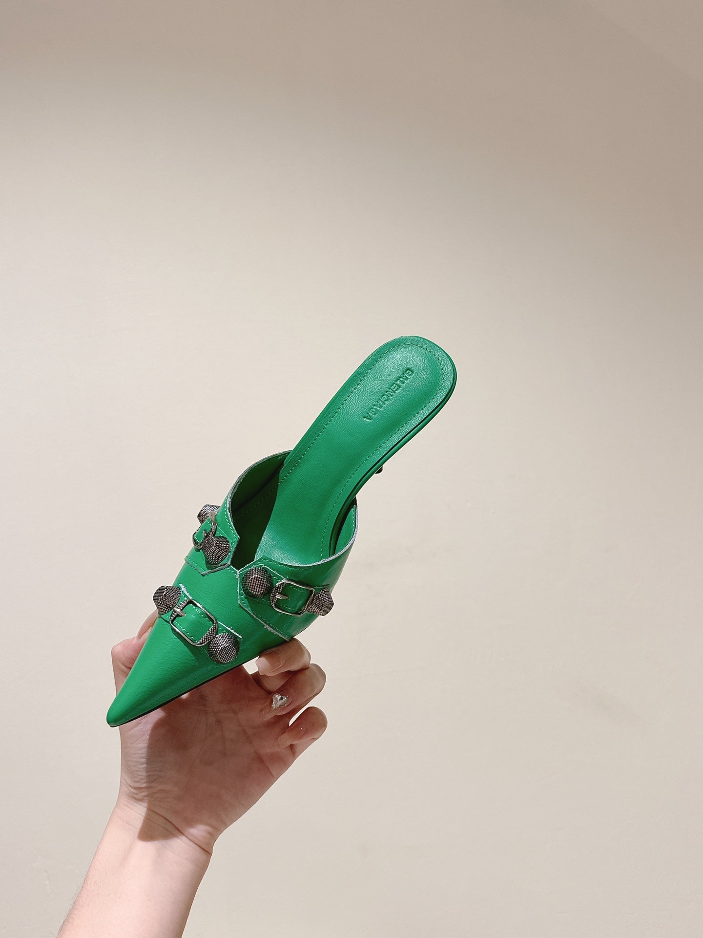 Balanciaga CAGOLE POINTED HIGH MULES IN GREEN SHINY CALFSKIN