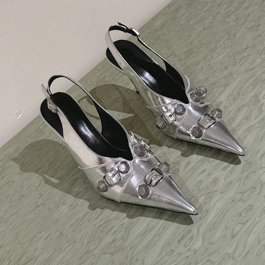 Balanciaga CAGOLE HIGH SLINGBACK IN SILVER GLOSSY CALFSKIN