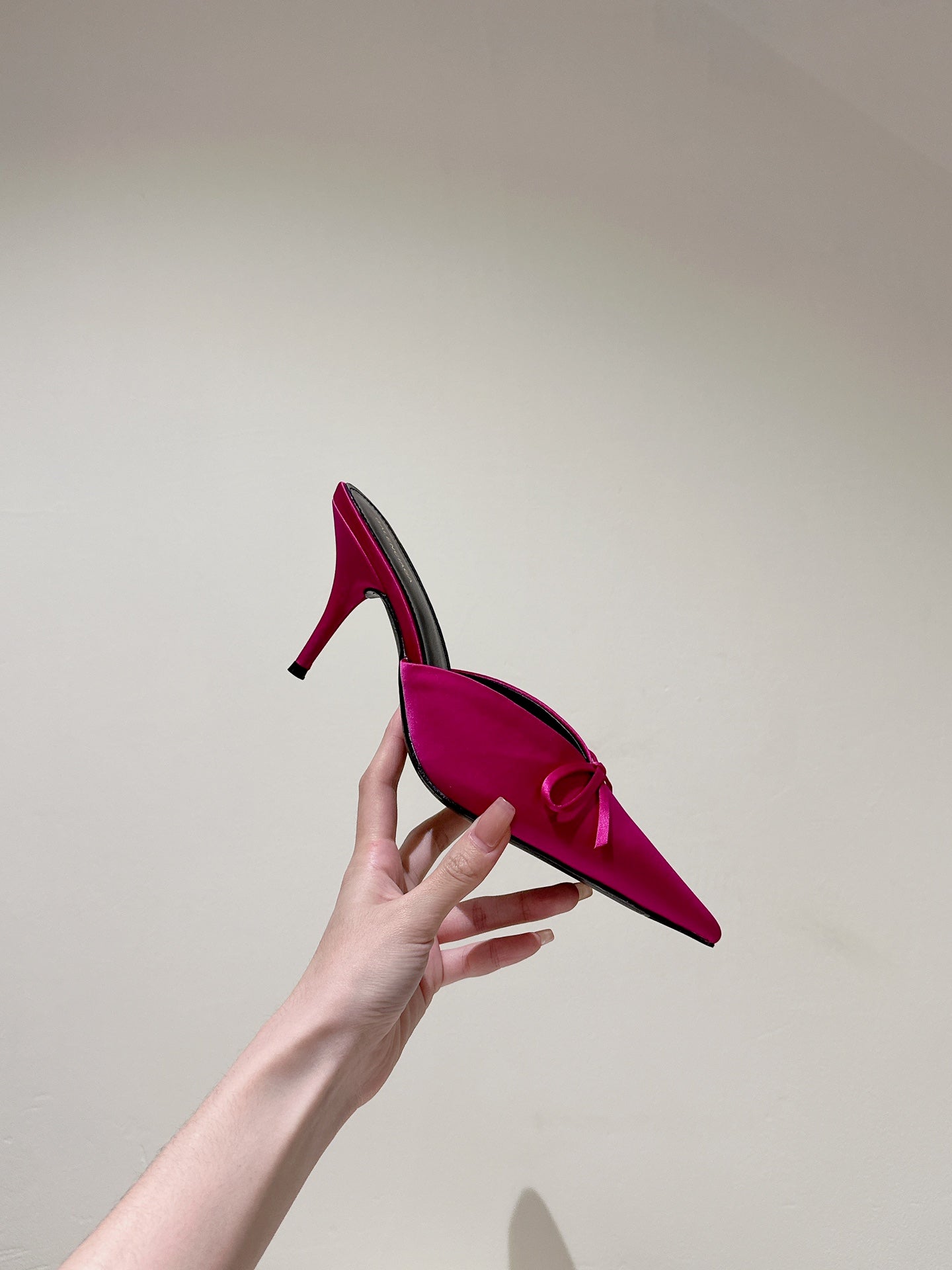 Balanciaga POINTED HIGH MULES WITH BOW IN HOT PINK SILK