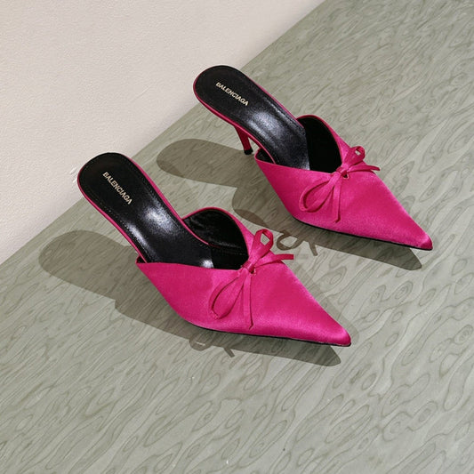Balanciaga POINTED HIGH MULES WITH BOW IN HOT PINK SILK