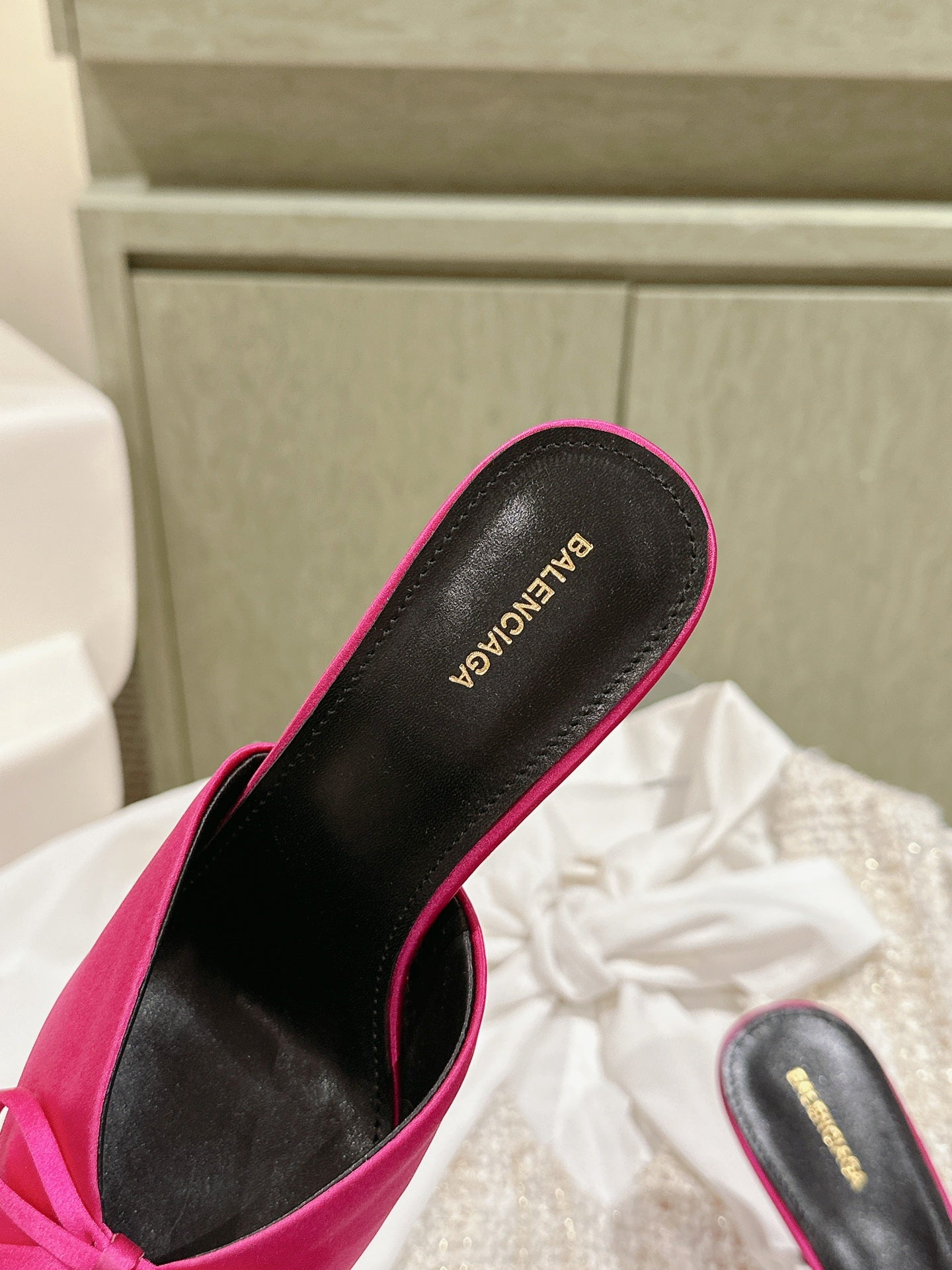 Balanciaga POINTED HIGH MULES WITH BOW IN HOT PINK SILK