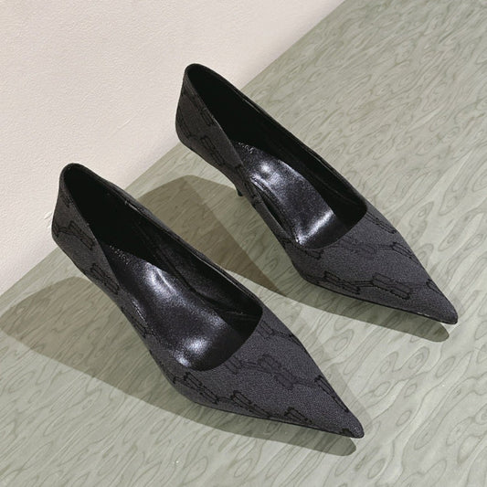 Balanciaga POINTED HIGH PUMPS IN BLACK MONOGRAM JACQUARD FABRIC
