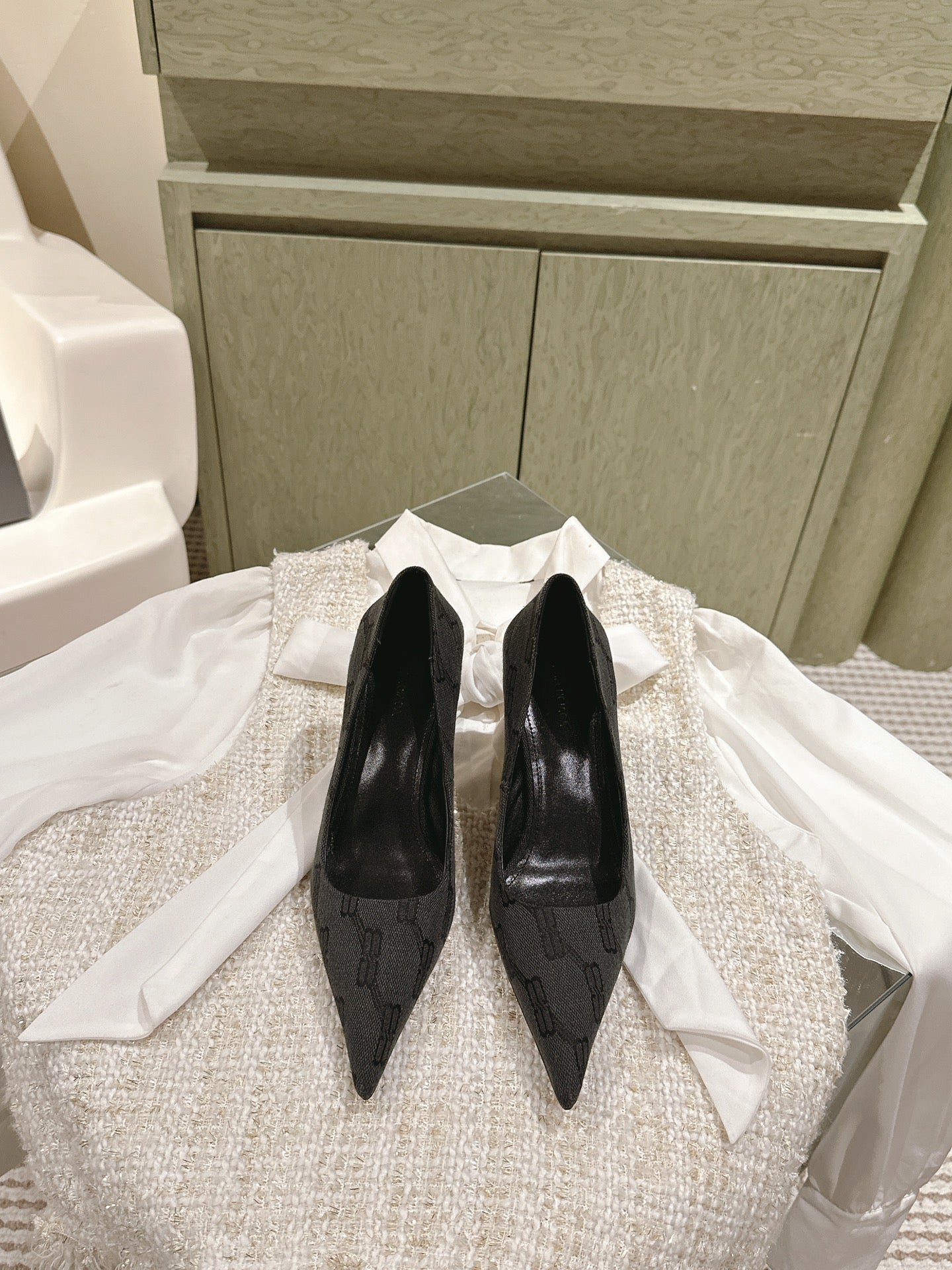 Balanciaga POINTED HIGH PUMPS IN BLACK MONOGRAM JACQUARD FABRIC