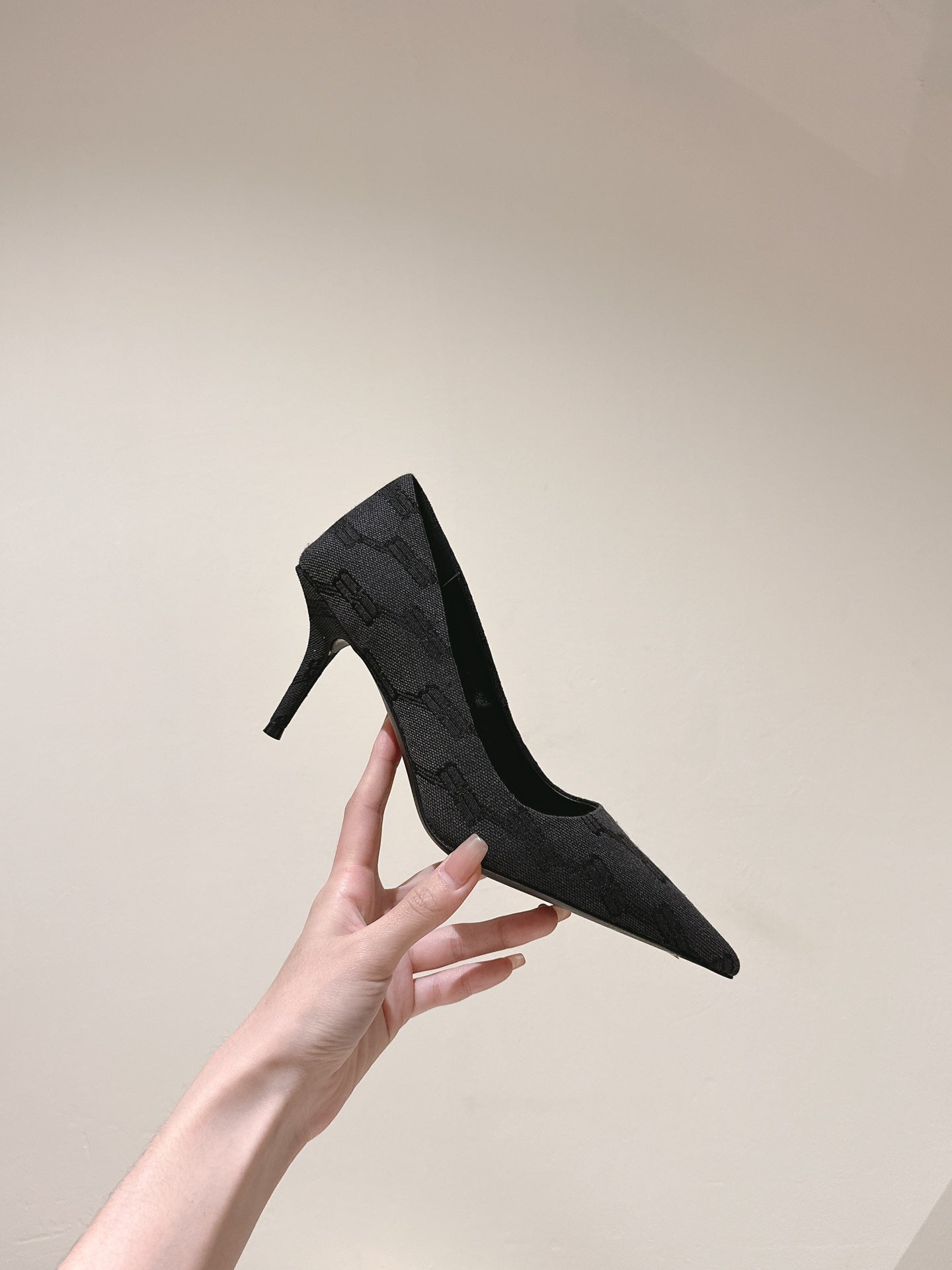 Balanciaga POINTED HIGH PUMPS IN BLACK MONOGRAM JACQUARD FABRIC
