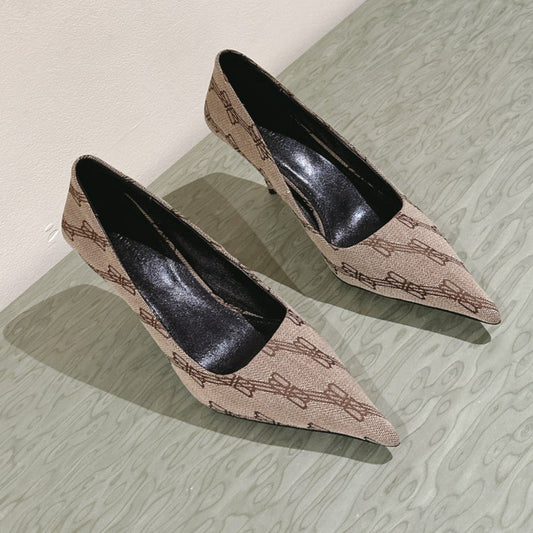 Balanciaga POINTED HIGH PUMPS IN BEIGE MONOGRAM JACQUARD FABRIC