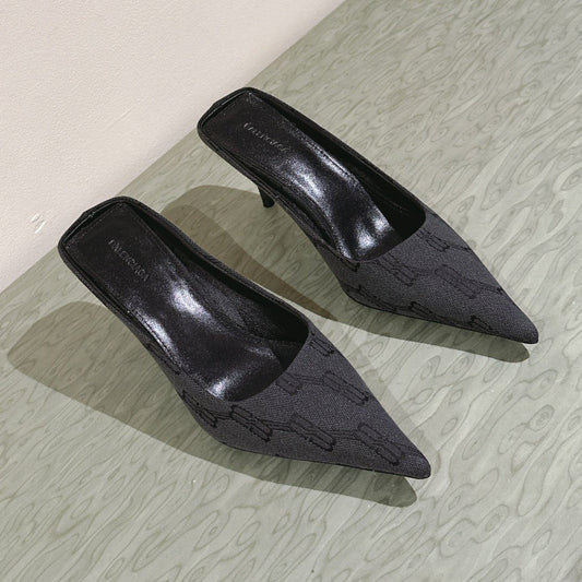 Balanciaga POINTED HIGH MULES IN BLACK MONOGRAM JACQUARD FABRIC