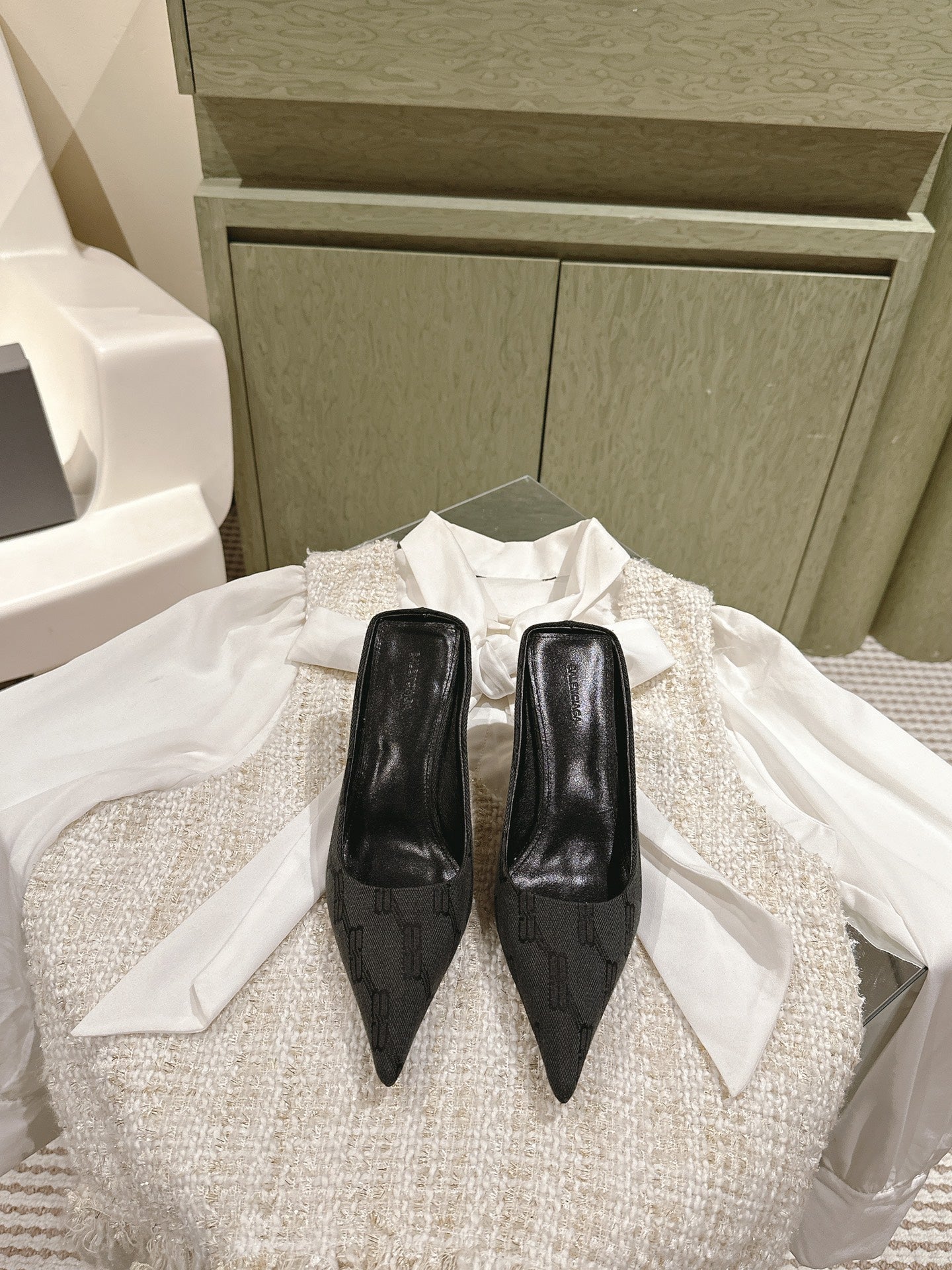 Balanciaga POINTED HIGH MULES IN BLACK MONOGRAM JACQUARD FABRIC