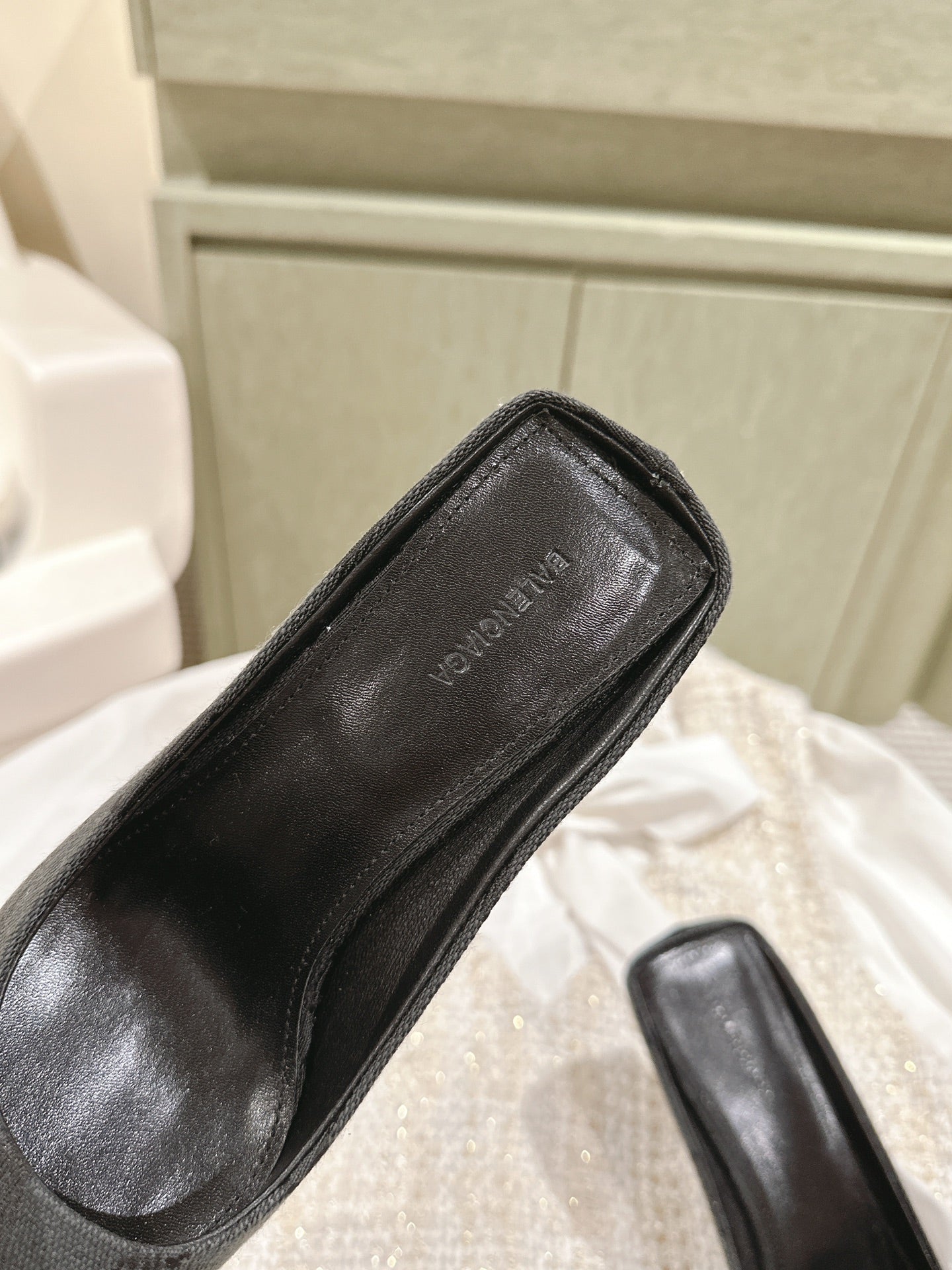 Balanciaga POINTED HIGH MULES IN BLACK MONOGRAM JACQUARD FABRIC