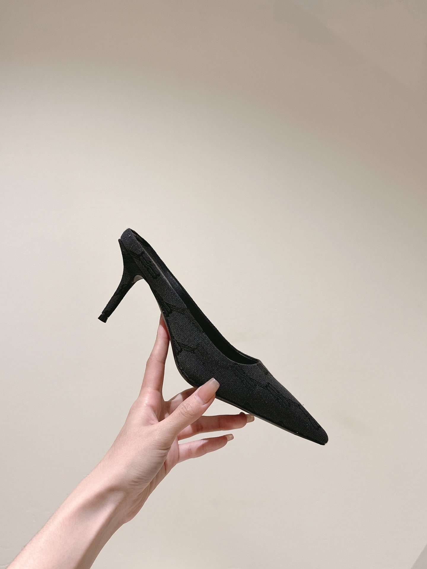 Balanciaga POINTED HIGH MULES IN BLACK MONOGRAM JACQUARD FABRIC
