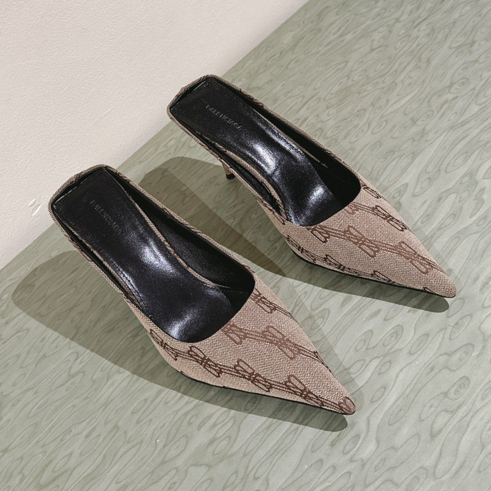 Balanciaga POINTED HIGH MULES IN BEIGE MONOGRAM JACQUARD FABRIC