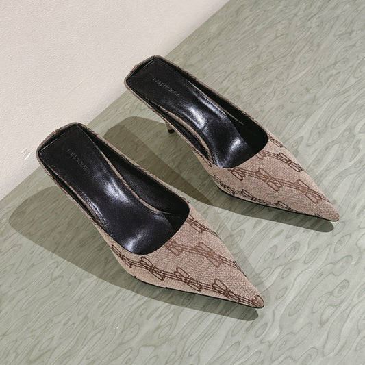 Balanciaga POINTED HIGH MULES IN BEIGE MONOGRAM JACQUARD FABRIC