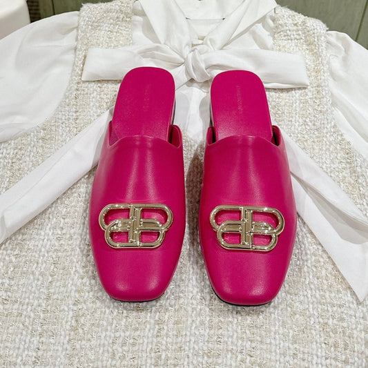 Balanciaga FLAT MULES IN DEEP PINK SMOOTH CALFSKIN GOLD BUCKLE