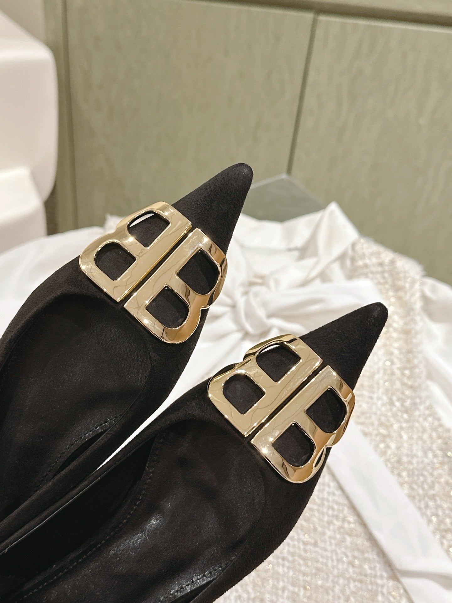 Balanciaga POINTED BB GOLD BUCKLE BALLET FLAT IN BLACK SUEDE