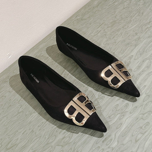 Balanciaga POINTED BB GOLD BUCKLE BALLET FLAT IN BLACK SUEDE