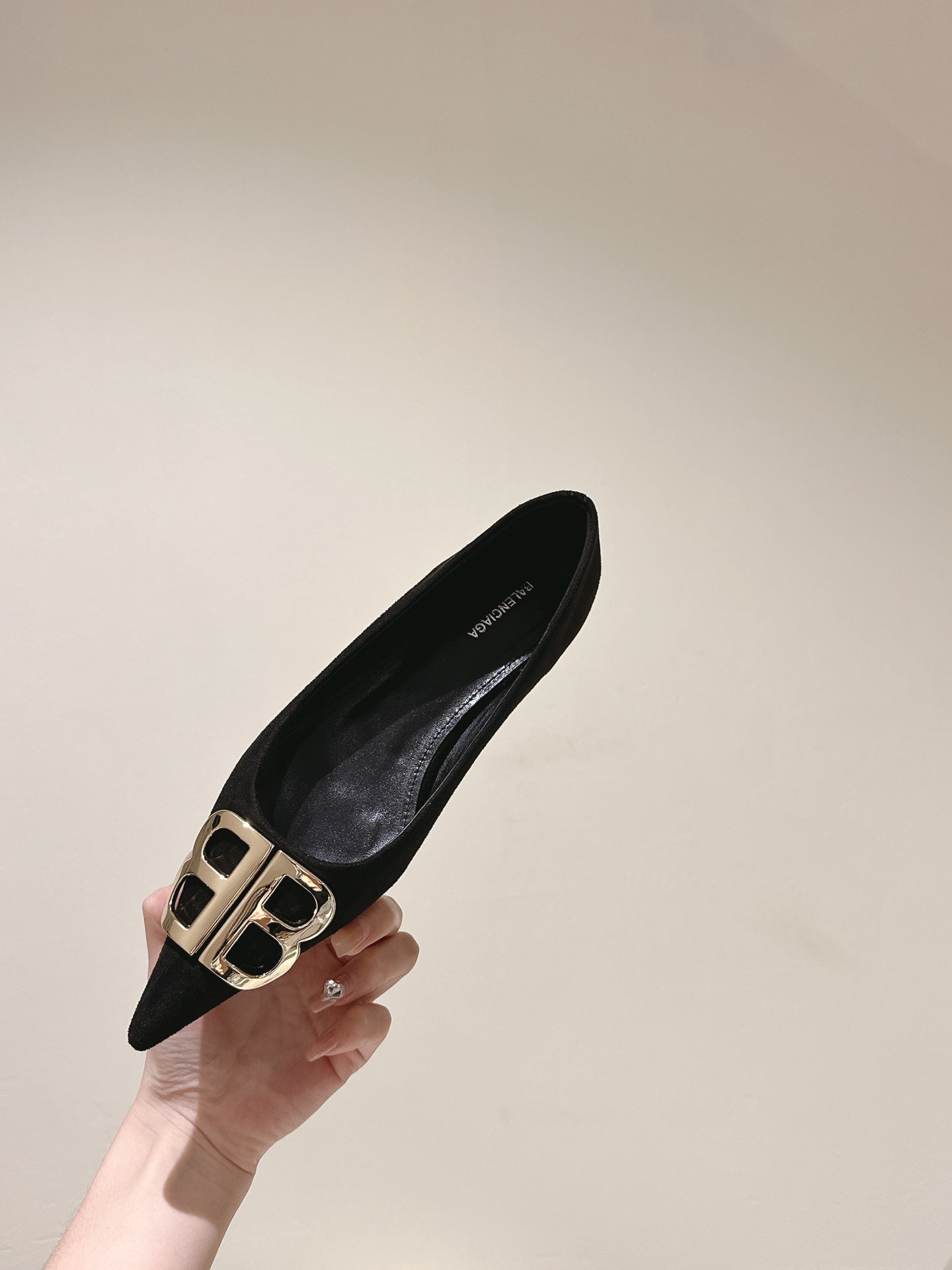 Balanciaga POINTED BB GOLD BUCKLE BALLET FLAT IN BLACK SUEDE