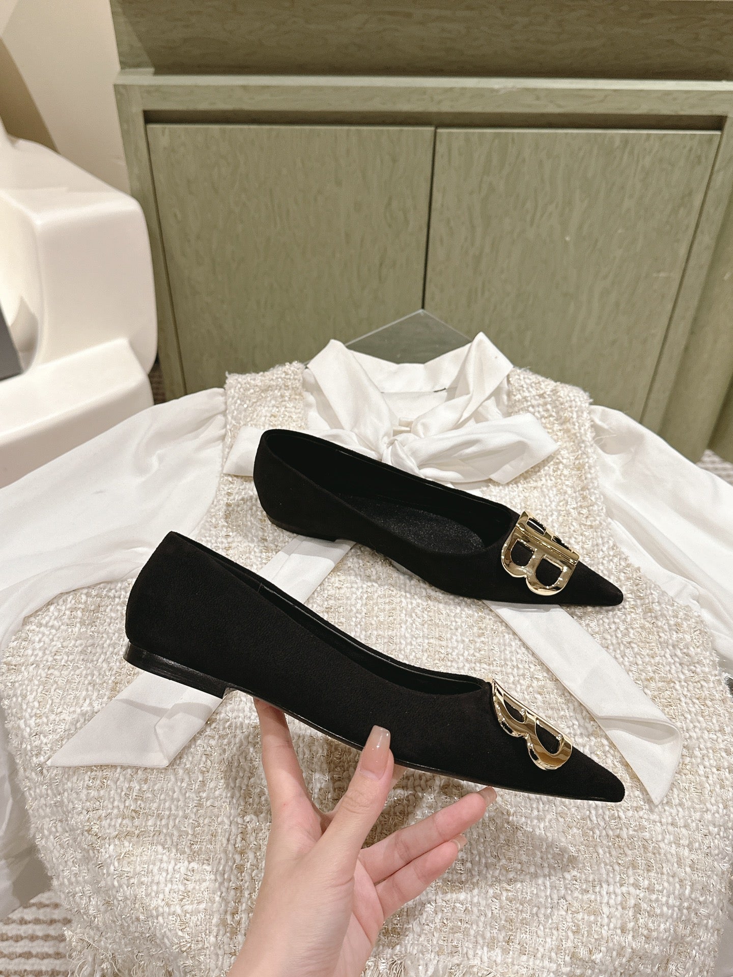 Balanciaga POINTED BB GOLD BUCKLE BALLET FLAT IN BLACK SUEDE