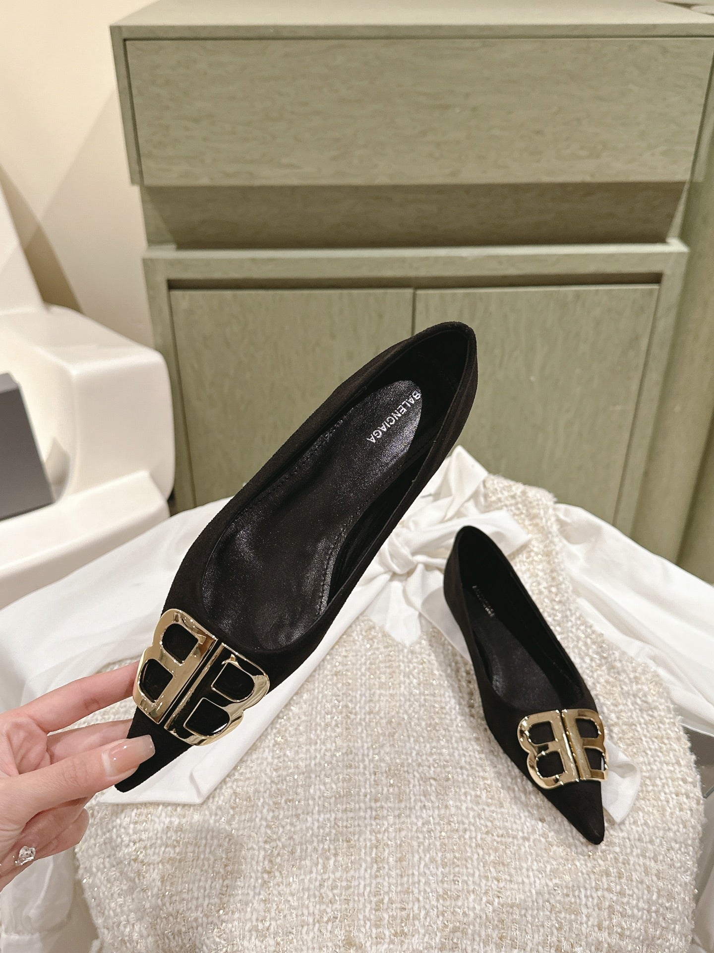 Balanciaga POINTED BB GOLD BUCKLE BALLET FLAT IN BLACK SUEDE