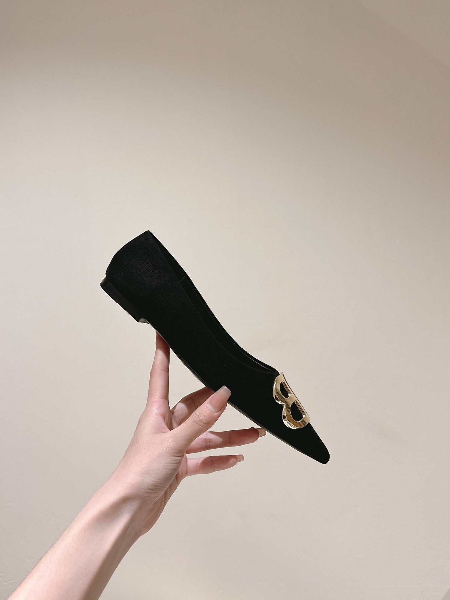 Balanciaga POINTED BB GOLD BUCKLE BALLET FLAT IN BLACK SUEDE