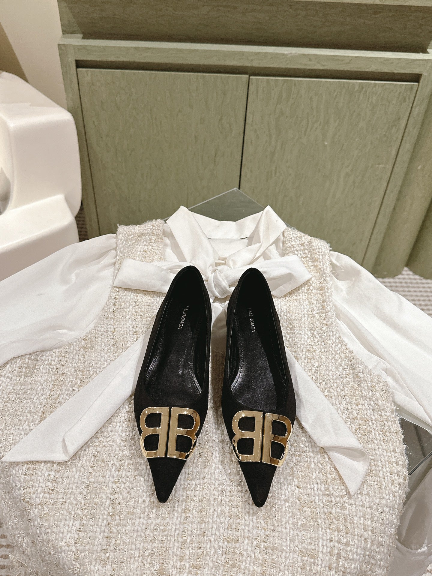 Balanciaga POINTED BB GOLD BUCKLE BALLET FLAT IN BLACK SUEDE