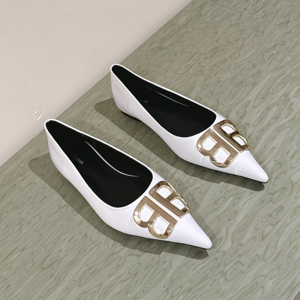 Balanciaga POINTED BB GOLD BUCKLE BALLET FLAT IN WHITE SHINY LAMBSKIN