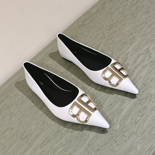 Balanciaga POINTED BB GOLD BUCKLE BALLET FLAT IN WHITE SHINY LAMBSKIN
