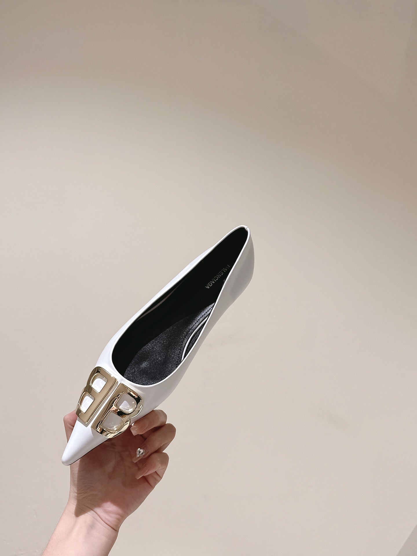 Balanciaga POINTED BB GOLD BUCKLE BALLET FLAT IN WHITE SHINY LAMBSKIN