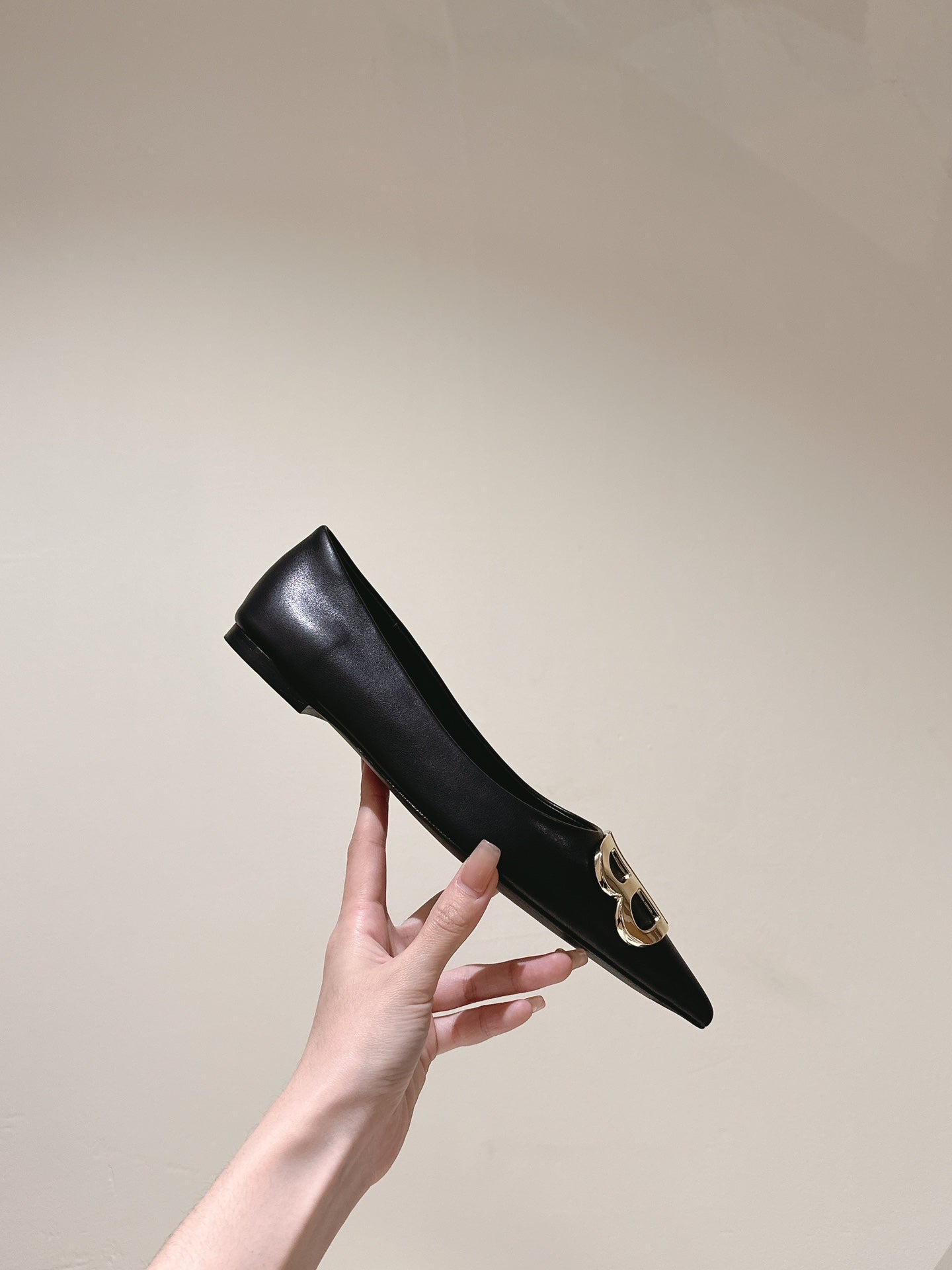 Balanciaga POINTED BB GOLD BUCKLE BALLET FLAT IN BLACK SMOOTH LAMBSKIN