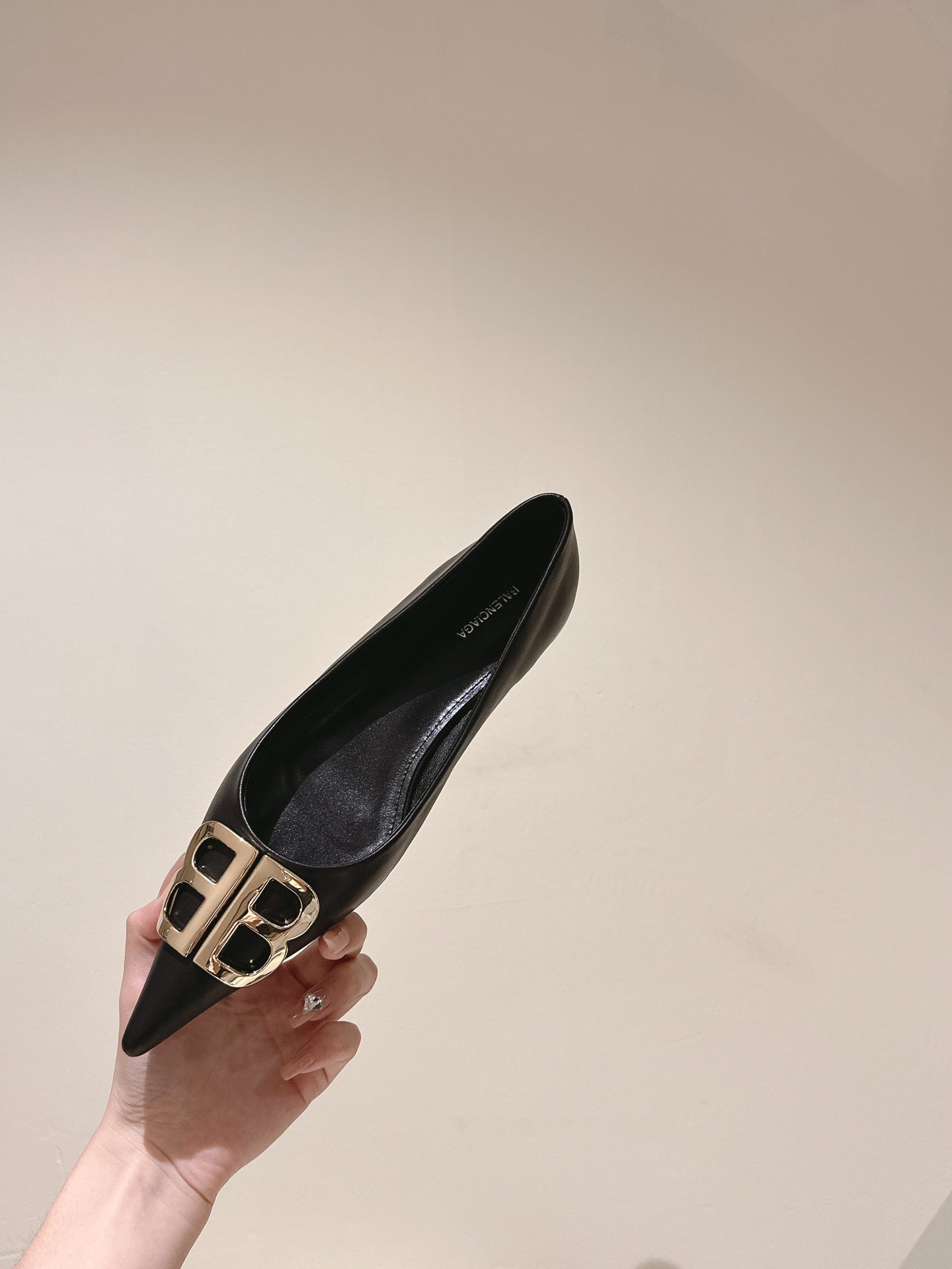 Balanciaga POINTED BB GOLD BUCKLE BALLET FLAT IN BLACK SMOOTH LAMBSKIN