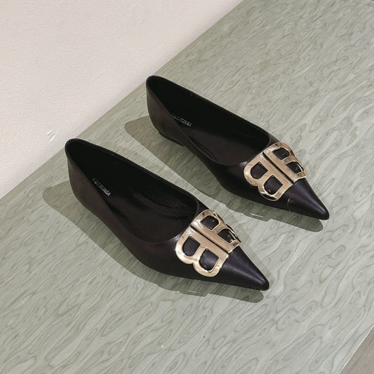 Balanciaga POINTED BB GOLD BUCKLE BALLET FLAT IN BLACK SMOOTH LAMBSKIN
