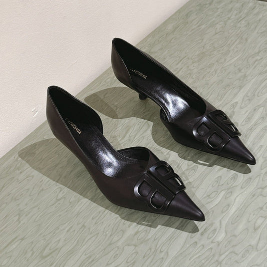 Balanciaga POINTED BB BLACK BUCKLE KITTEN HEEL PUMPS IN BLACK SMOOTH LAMBSKIN