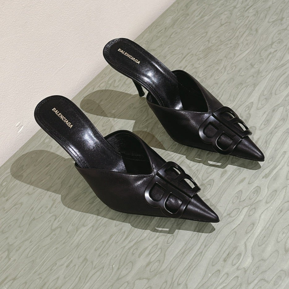 Balanciaga POINTED BB BLACK BUCKLE HIGH MULES IN BLACK SMOOTH LAMBSKIN