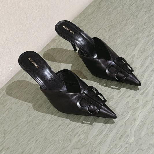Balanciaga POINTED BB BLACK BUCKLE HIGH MULES IN BLACK SMOOTH LAMBSKIN