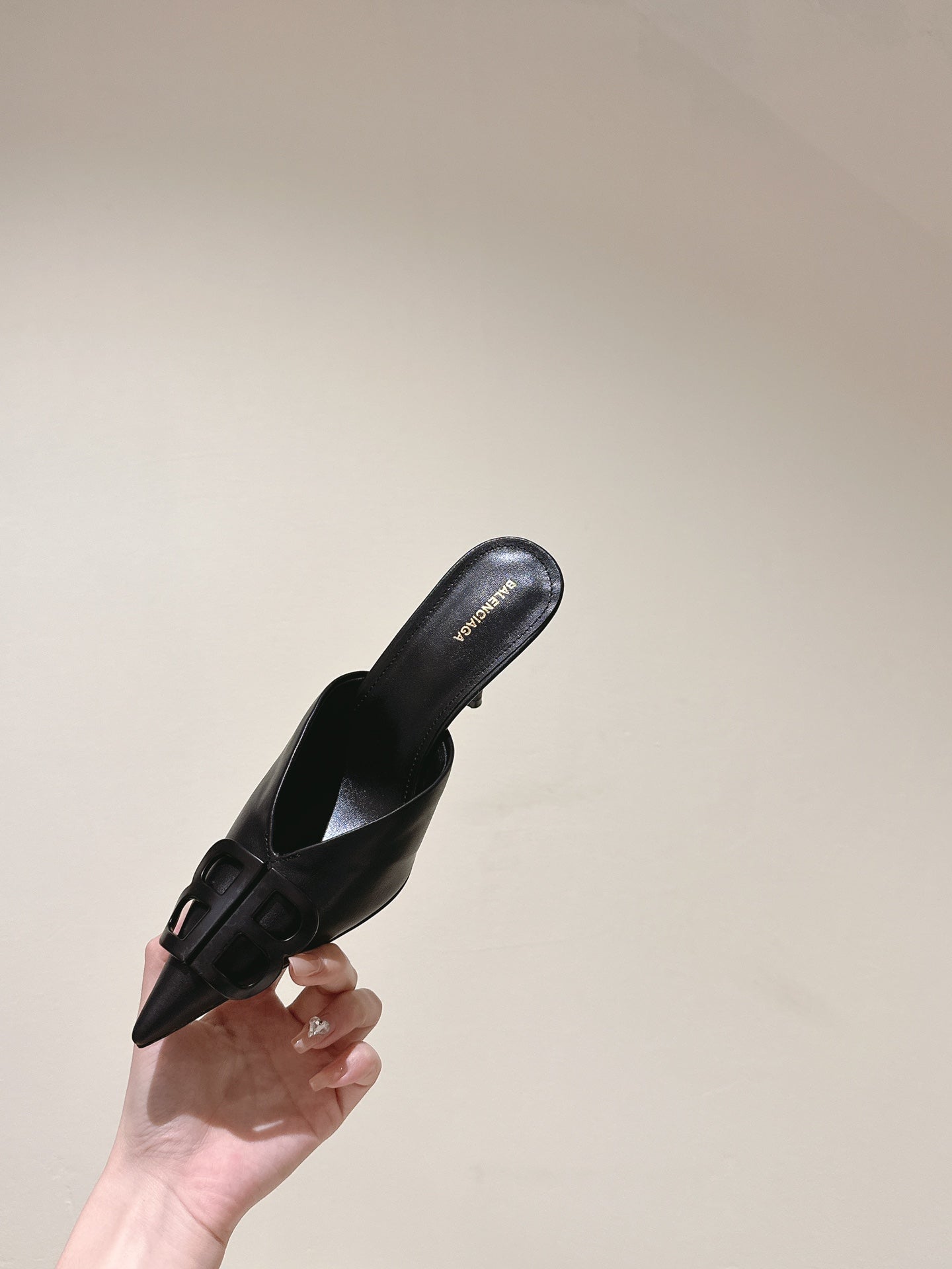 Balanciaga POINTED BB BLACK BUCKLE HIGH MULES IN BLACK SMOOTH LAMBSKIN