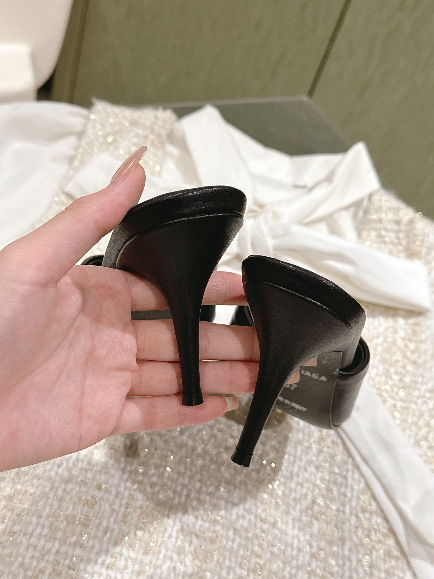 Balanciaga POINTED BB BLACK BUCKLE HIGH MULES IN BLACK SMOOTH LAMBSKIN