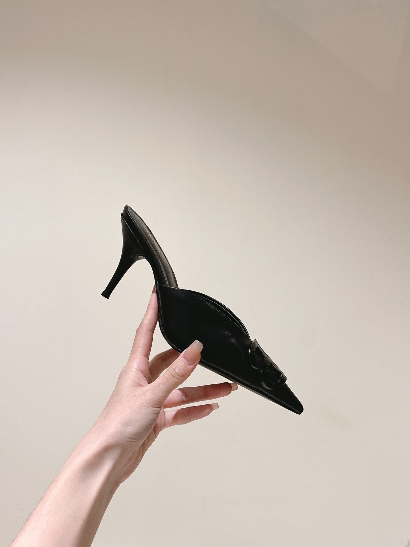 Balanciaga POINTED BB BLACK BUCKLE HIGH MULES IN BLACK SMOOTH LAMBSKIN