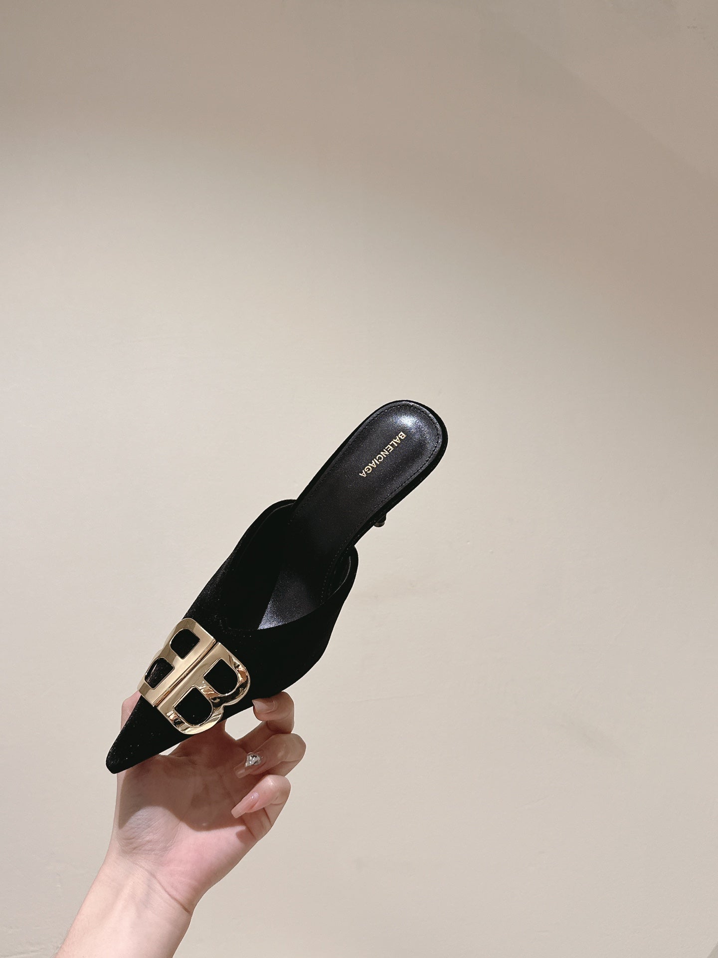 Balanciaga POINTED BB GOLD BUCKLE HIGH MULES IN BLACK VELVET