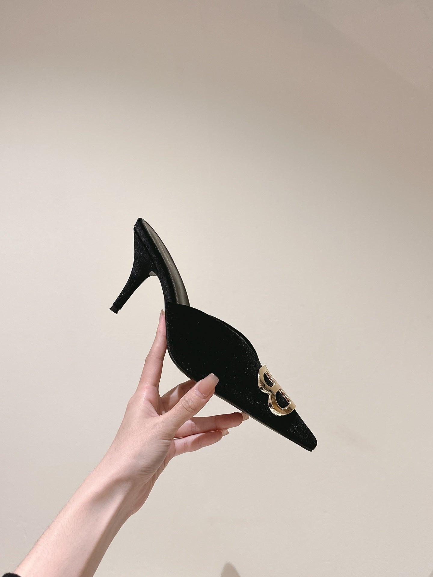 Balanciaga POINTED BB GOLD BUCKLE HIGH MULES IN BLACK VELVET