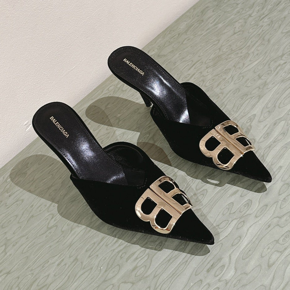 Balanciaga POINTED BB GOLD BUCKLE HIGH MULES IN BLACK VELVET