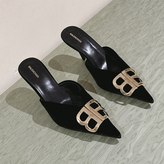 Balanciaga POINTED BB GOLD BUCKLE HIGH MULES IN BLACK VELVET