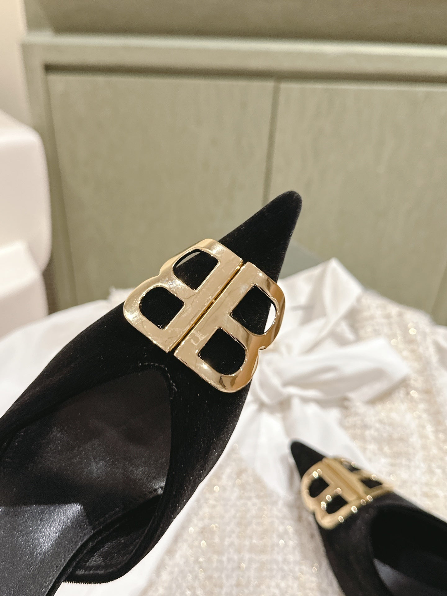 Balanciaga POINTED BB GOLD BUCKLE HIGH MULES IN BLACK VELVET
