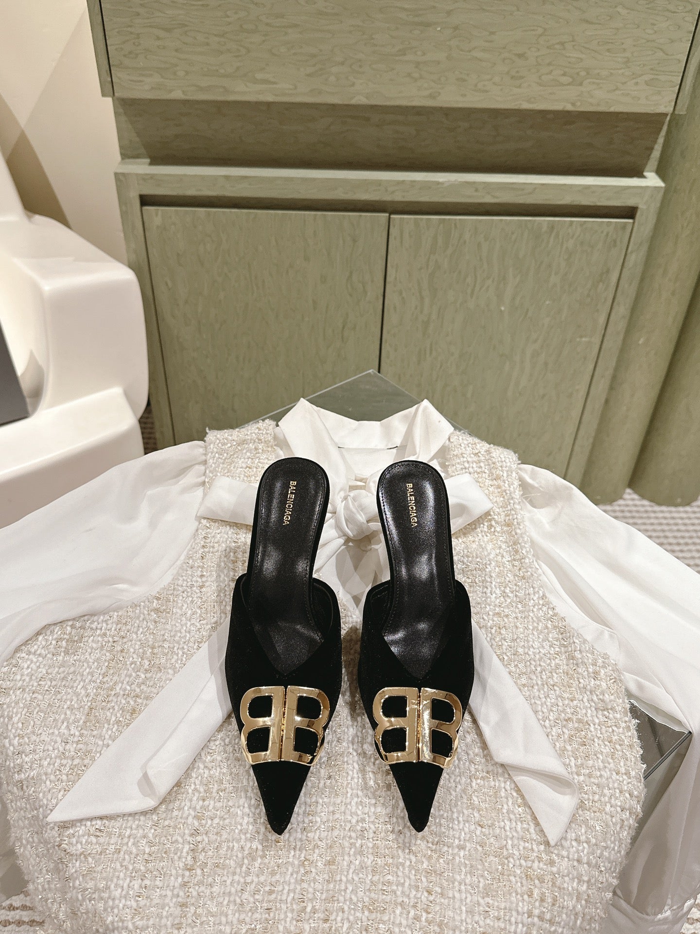 Balanciaga POINTED BB GOLD BUCKLE HIGH MULES IN BLACK VELVET