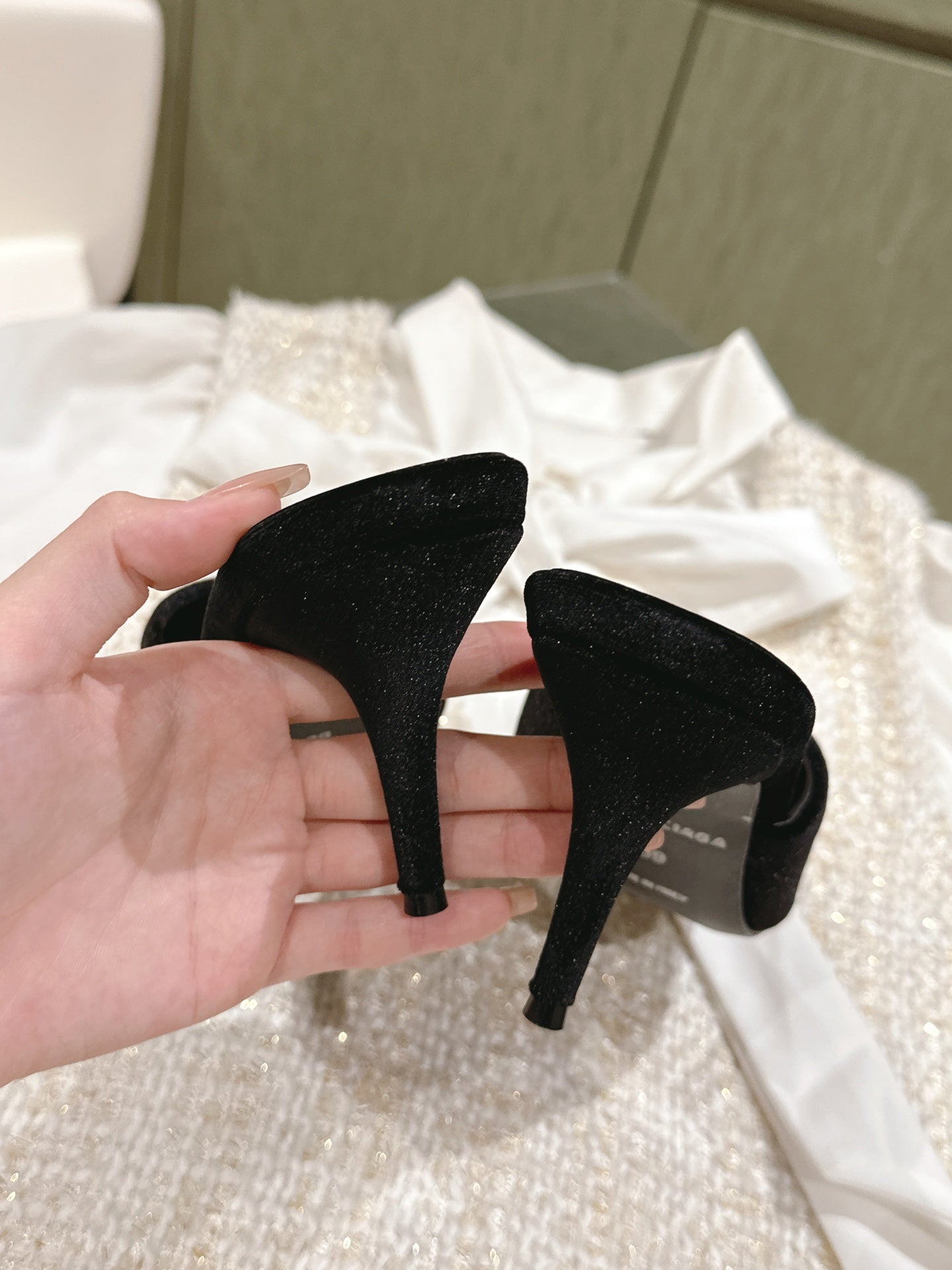 Balanciaga POINTED BB GOLD BUCKLE HIGH MULES IN BLACK VELVET